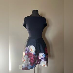 Ted Baker Navy A-Line Skirt with Floral Design